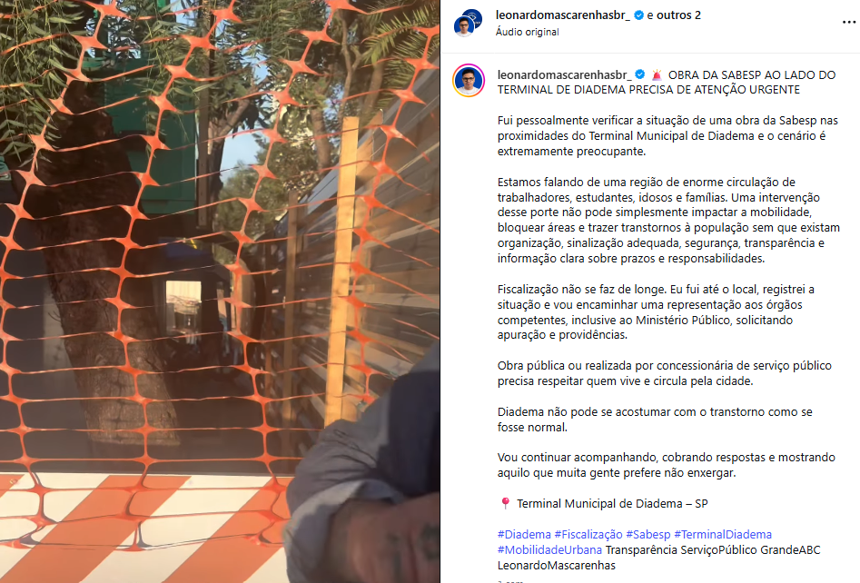 LEONARDO MASCARENHAS DENUNCIA SABESP AO MINISTÉRIO PÚBLICO POR DEMORA EM OBRA AO LADO DO TERMINAL DIADEMA